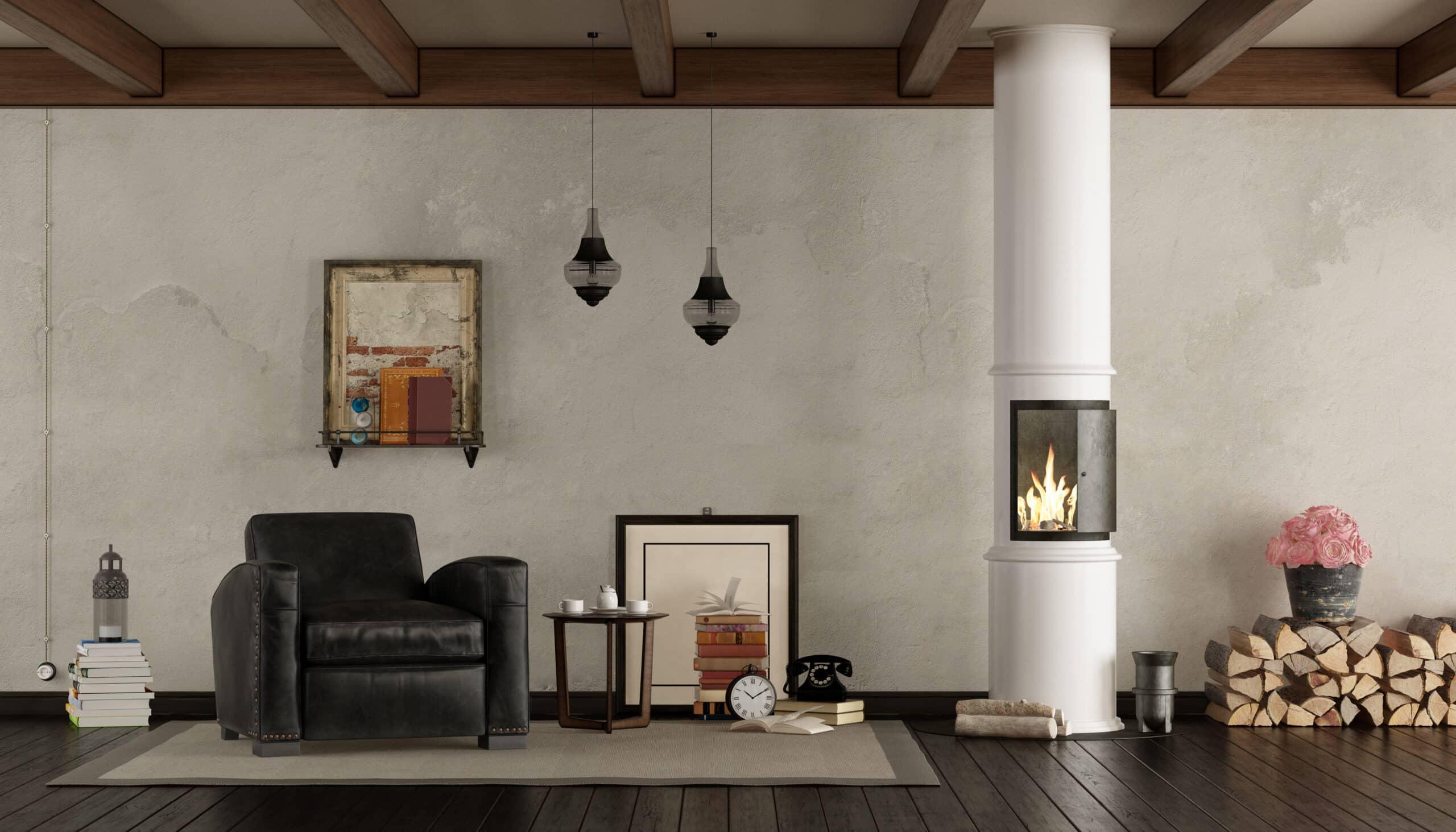 retro living room with wood stove