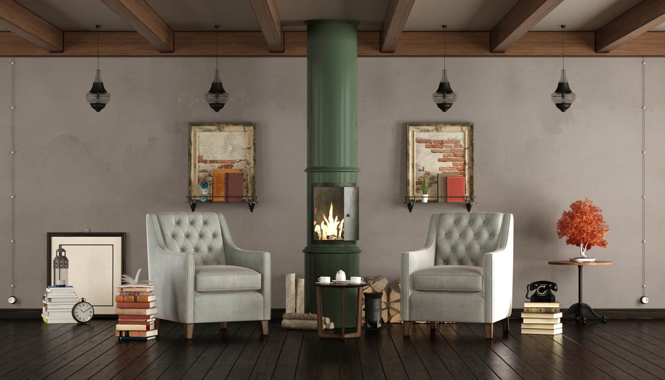 vintage living room qith wooden stove and two armchairs 3d rendering